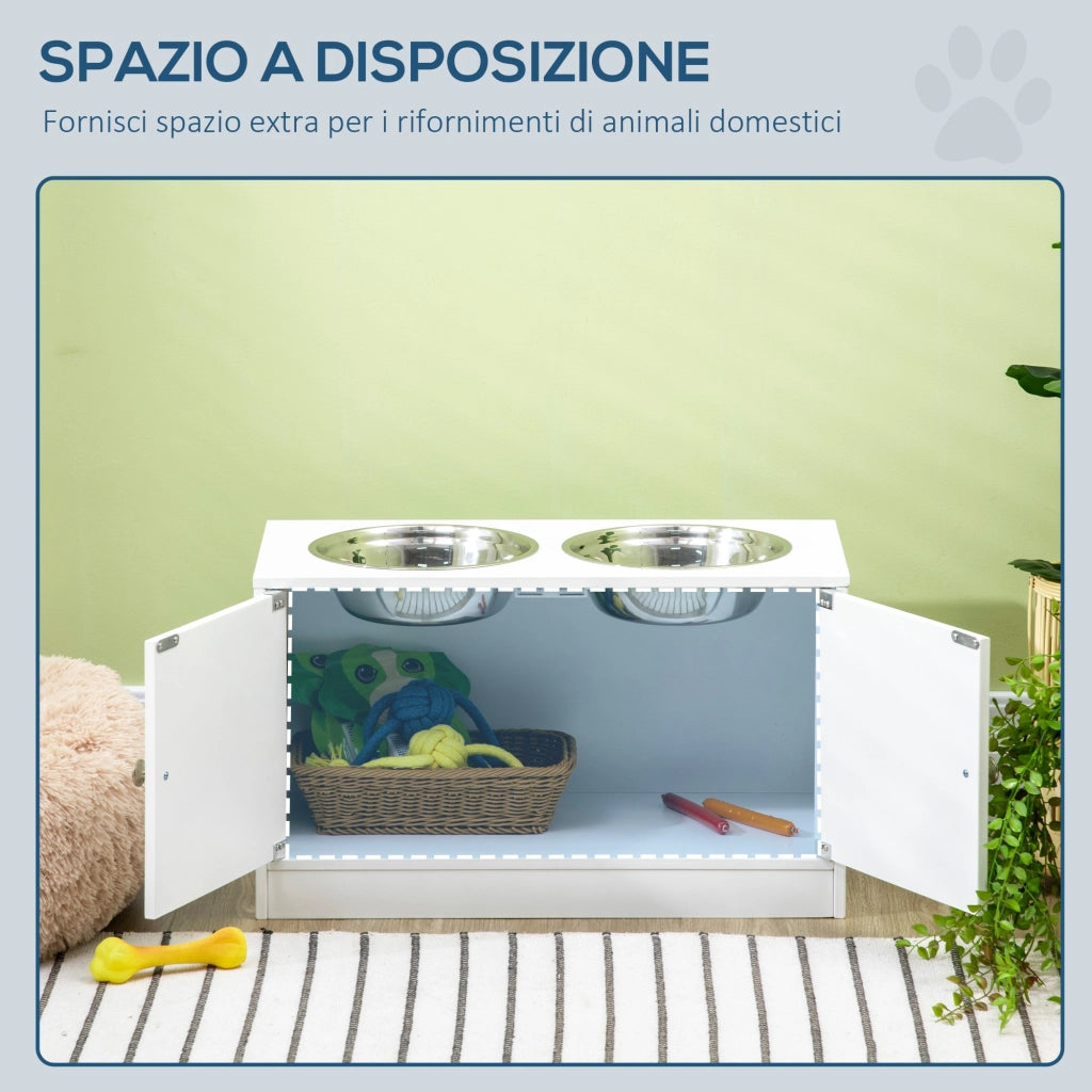 Ciotole per Cani Rialzate con Armadietto da 44L e 2 Ciotole in Acciaio, 60x30x35.5cm, Bianco