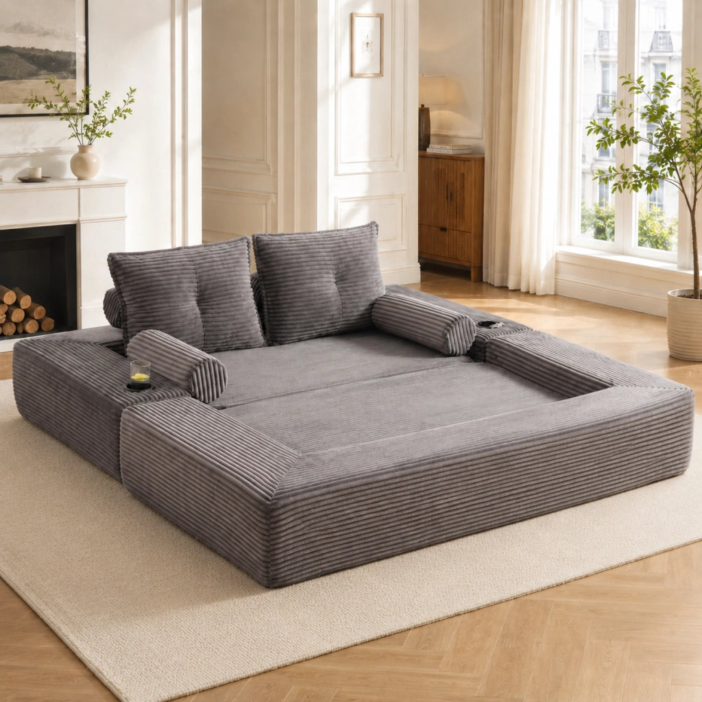 Divano letto modulare in tessuto a coste con tasche laterali, portabicchieri e cuscini memory grigio scuro