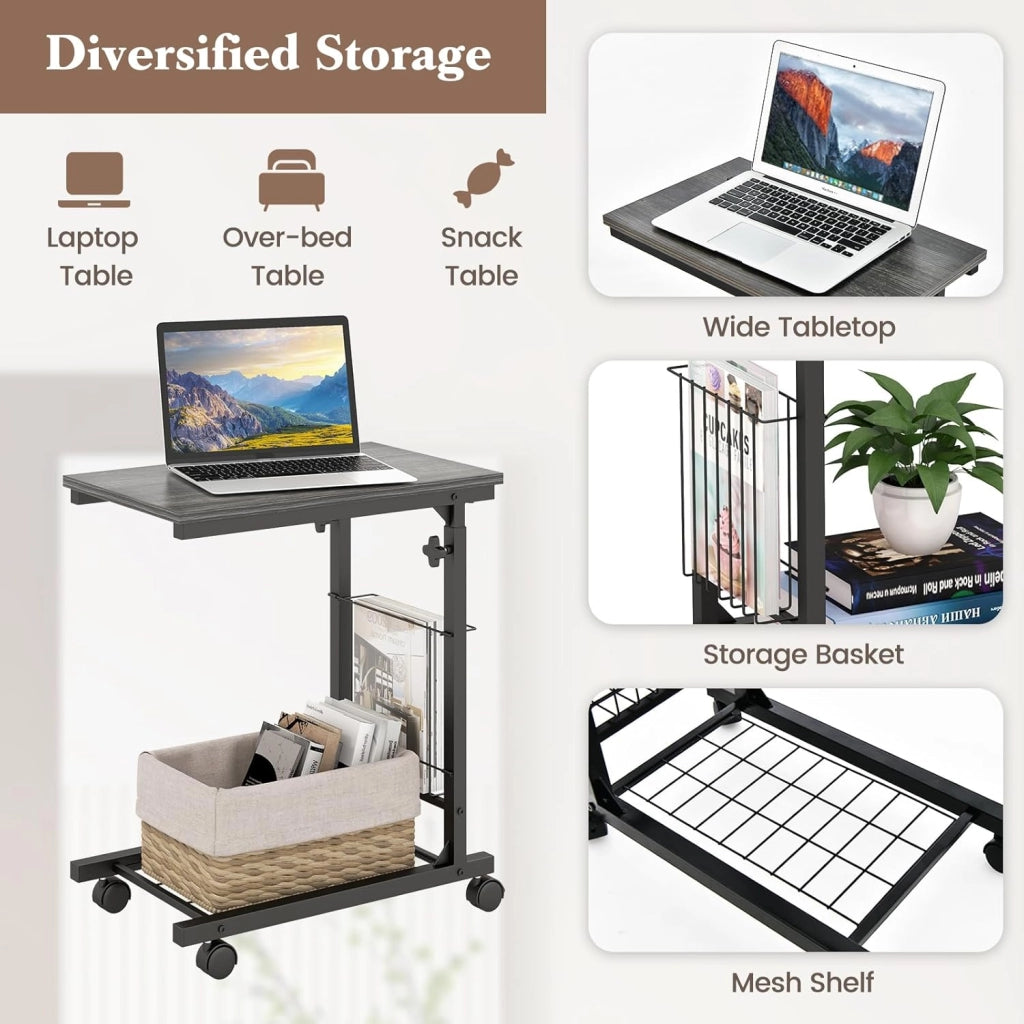 Tavolino a forma di C, divano con ruote, tavolo per computer portatile, regolabile in altezza, tavolino da caffè portatile, tavolino da caffè, tavolo da toeletta, design industriale con