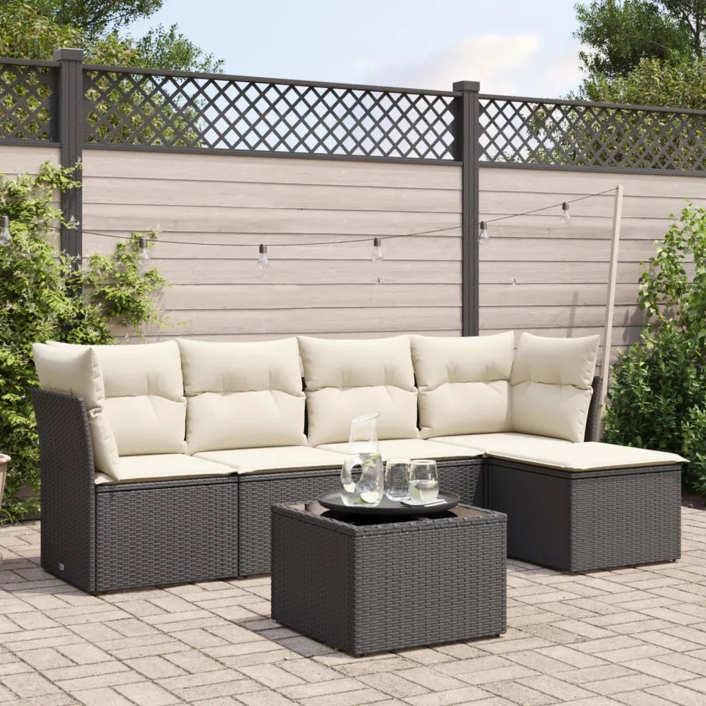 Set Divano da Giardino 6 pz | Set Salotto da Giardino con Cuscini Nero in Polyrattan