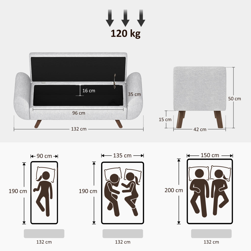 Panca Contenitore Fondo Letto con Braccioli 132x42x50 cm Vano da 53,8L in Tessuto Grigio