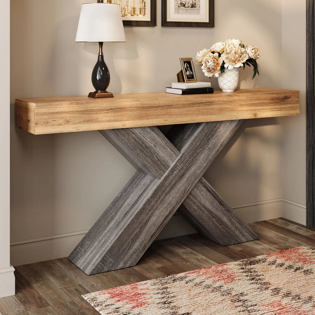 Consolle con struttura a X in pannello truciolare effetto legno naturale per ingresso e soggiorno 140 × 30 × 80 cm