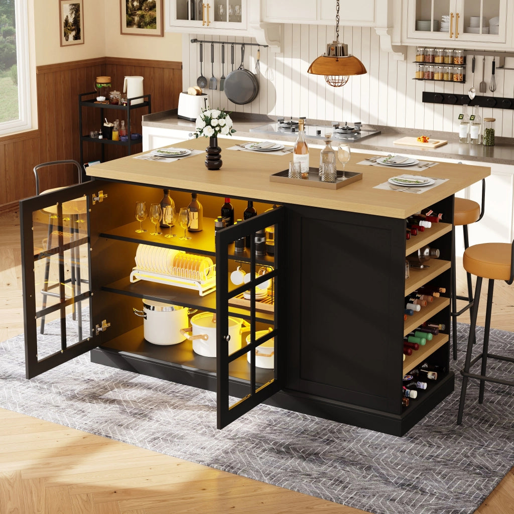 Isola da cucina, tavolo pieghevole da bar, luci a LED, prese di ricarica USB, nero e color naturale