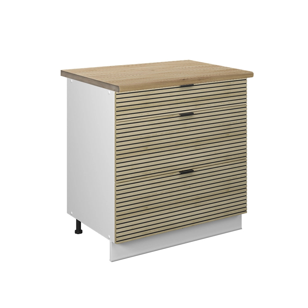 Mobiletto base per cucina Fame-Line Pannello in quercia/Bianco 80 cm con 3 cassetti, PL Rovere Vicco