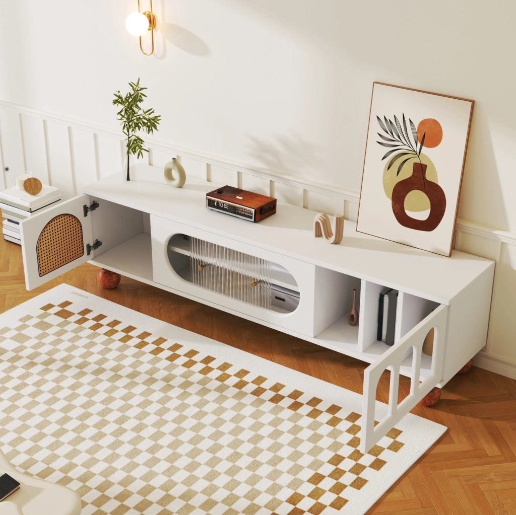 Mobile TV 170 cm bianco e legno – ante decorative, vetro scorrevole e vani
