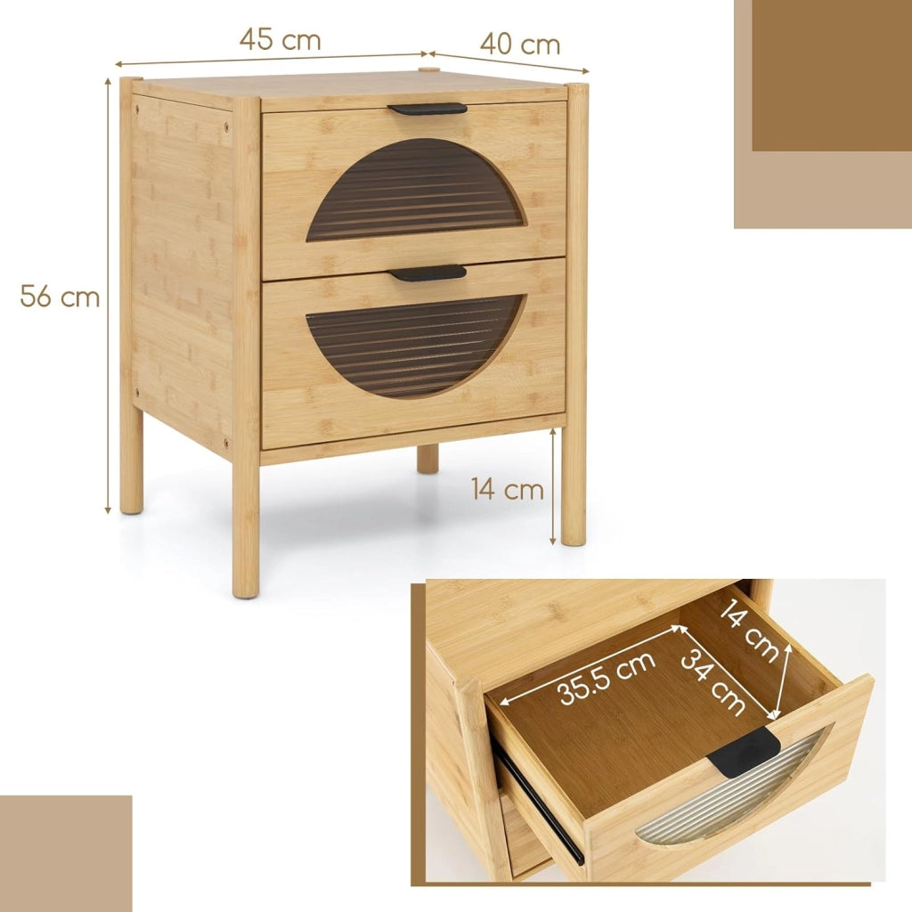 Comodino in bambù, comodino con 2 cassetti in vetro striato, gambe con stampa antiscivolo, 45 x 40 x 56 cm, tavolino per camera da letto, soggiorno