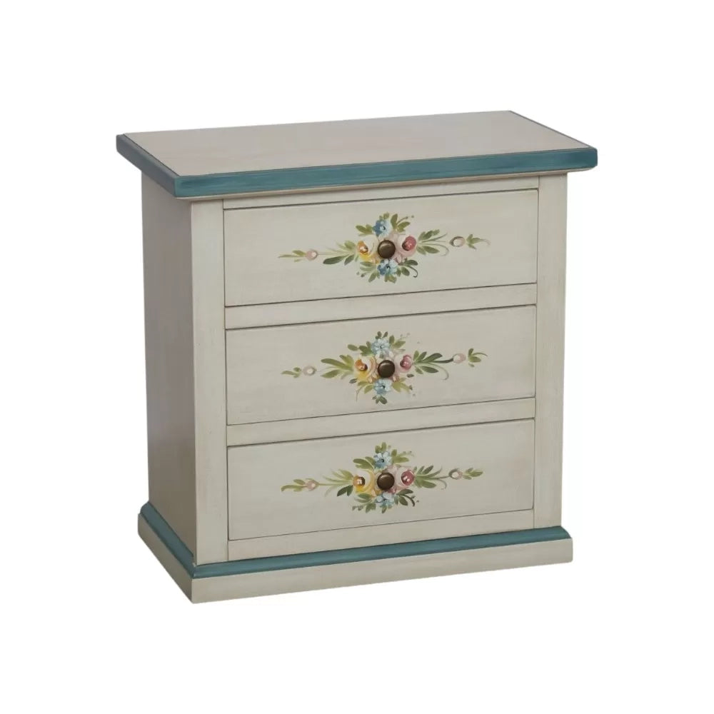 Comodino 3 cassetti legno shabby bianco anticato decori filo azzurro 60x35x64 - Mobili 2G