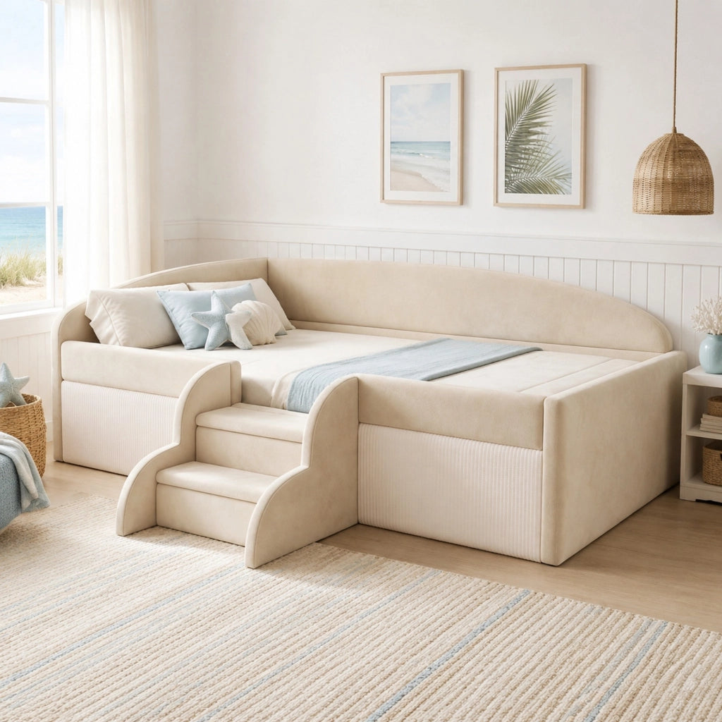 Letto imbottito per bambini 90 x 190 cm con gradini e sponde; velluto beige
