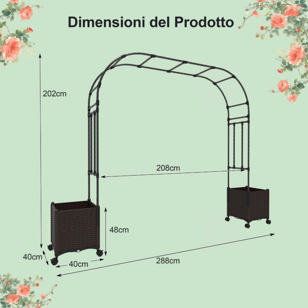 Arco da giardino 288 cm con 2 fioriere, Arco decorativo per piante rampicanti con sistema di autoirrigazione Nero + Marrone