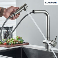 FELICE| Rubinetto da cucina estraibile Premium in acciaio inox argento spazzolato |Miscelatore canna dritta|gastronomia alta pressione 360° 2 attacchi