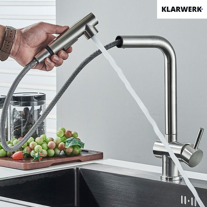 FELICE| Rubinetto da cucina estraibile Premium in acciaio inox argento spazzolato |Miscelatore canna dritta|gastronomia alta pressione 360° 2 attacchi