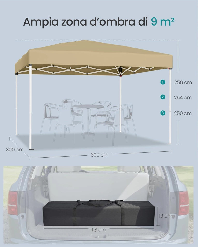 SONGMICS Gazebo 3 x 3 m, Tendone Pieghevole, Protezione Solare, Resistente alla Pioggia Leggera, Portatile, per Cortile, Giardino, Mercato, Beige GCT102LZ01