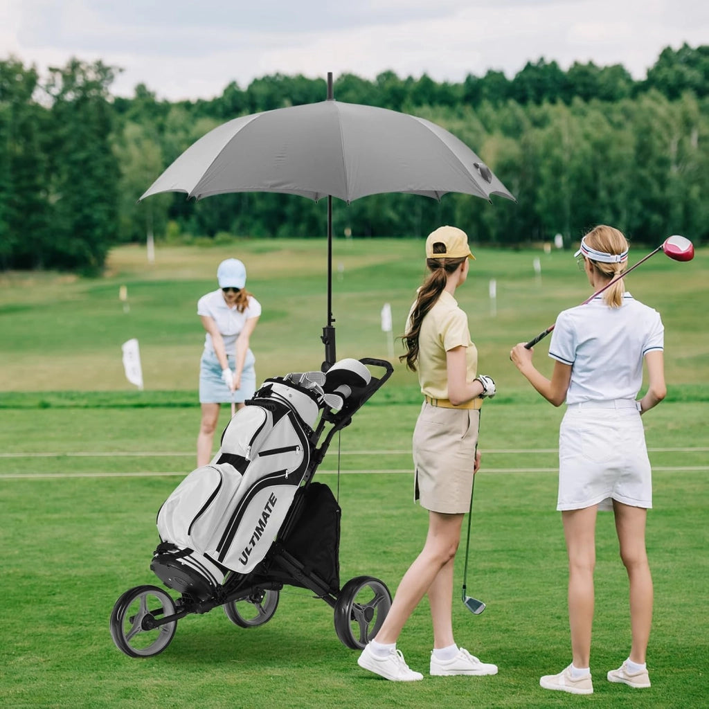 Carrello da Golf Pieghevole con 3 Ruote, Struttura in Alluminio, Cinghia Elastica, Portaombrello Regolabile e Porta Bicchiere, Segnapunti e Freno a Pedale