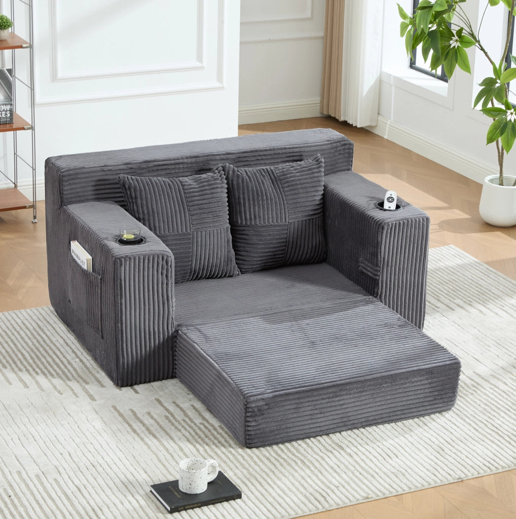 Pouf divano moderno in corduroy grigio 151x133x64 cm con tasche laterali e 2 cuscini