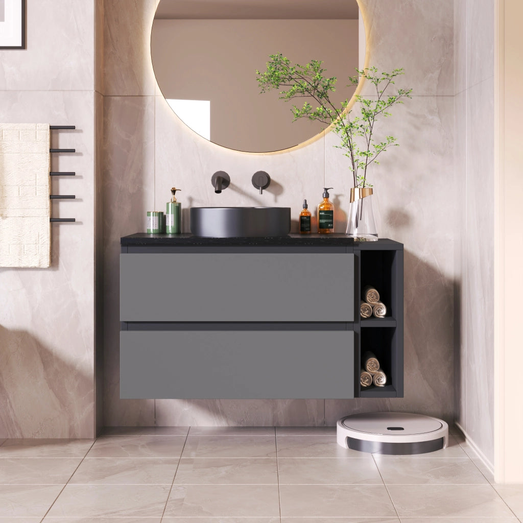 Mobile sottolavabo sospeso con lavabo integrato ¨C Minimal ¨C nero grigio 80cm con cassetti