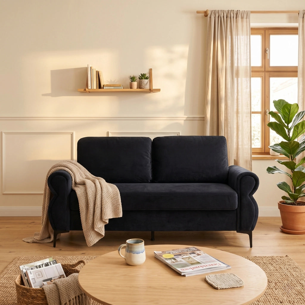 Divano 2 posti compatto con altezza seduta ergonomica e rivestimenti sfoderabili in Poliestere Nero 173.5 cm