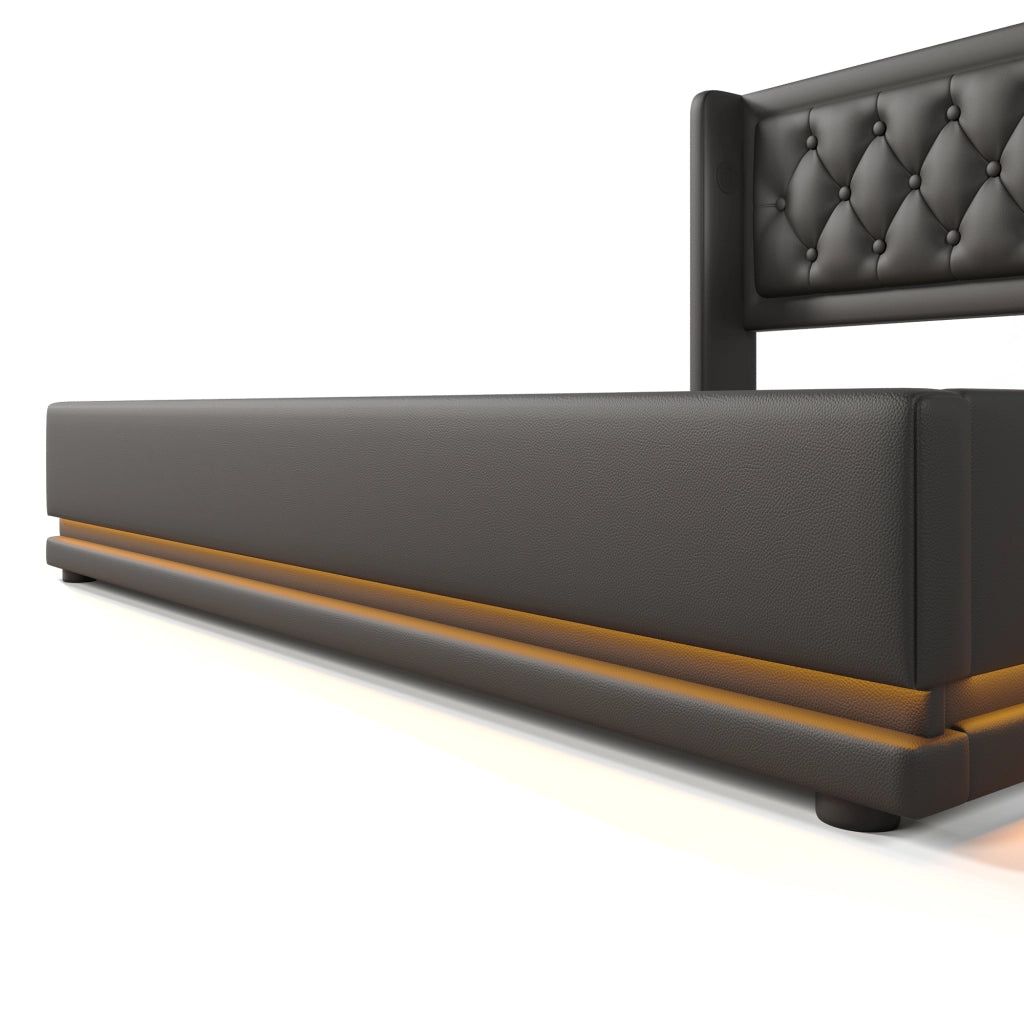 Letti contenitori 160x200 cm; testiera con USB e LED; PU nero (Senza materasso)