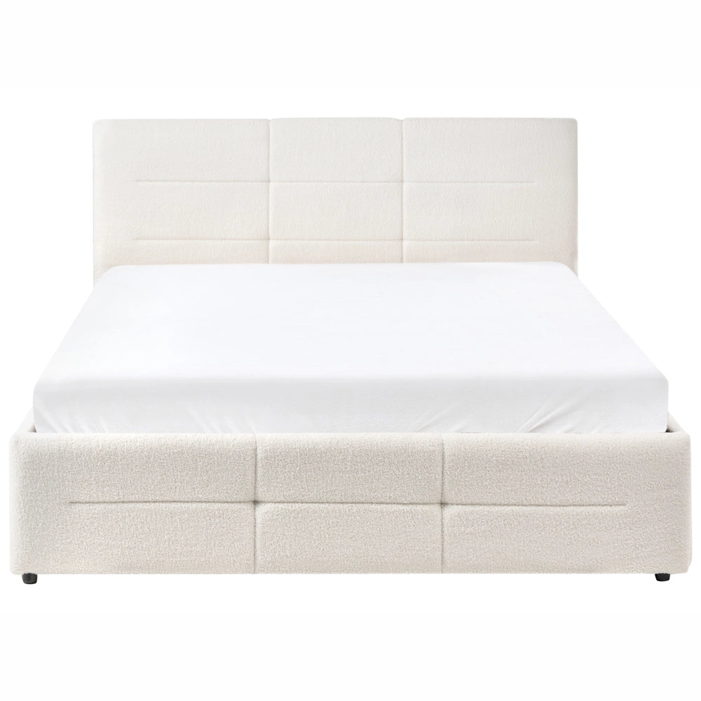 Letto ottomano bianco sporco bouclé 140x200 cm con testiera sollevabile e base a doghe Design moderno