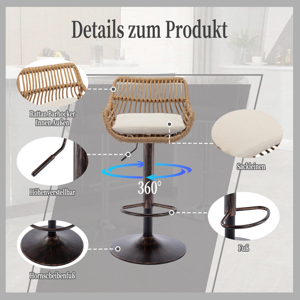 Set 2 sgabelli bar girevoli regolabili beige in rattan