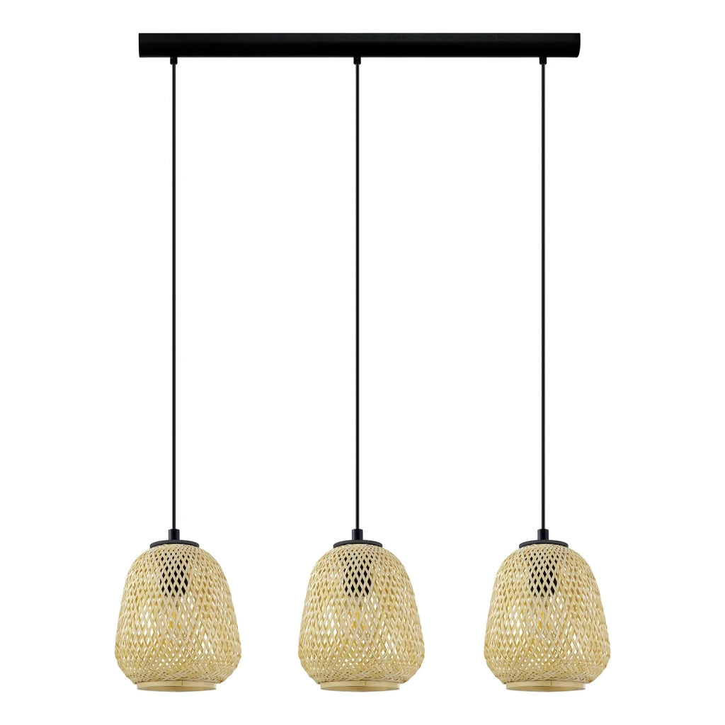 Lampadario A Sospensione Vintage Dembleby Acciaio Nero Legno 3 Luci E27