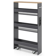 Carrello da cucina 4 ripiani con stazione di ricarica maniglia e parapetti-Scaffale stretto a sfilo con ruote bloccabili per cucina  Grigio e naturale