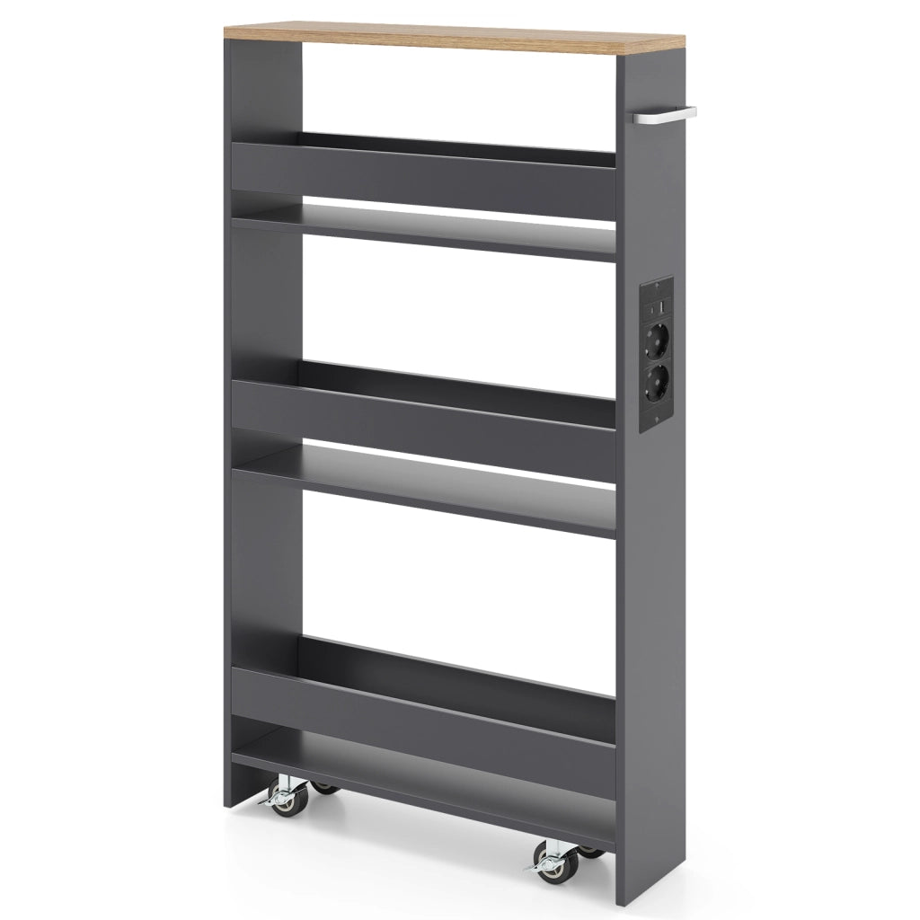Carrello da cucina 4 ripiani con stazione di ricarica maniglia e parapetti-Scaffale stretto a sfilo con ruote bloccabili per cucina  Grigio e naturale
