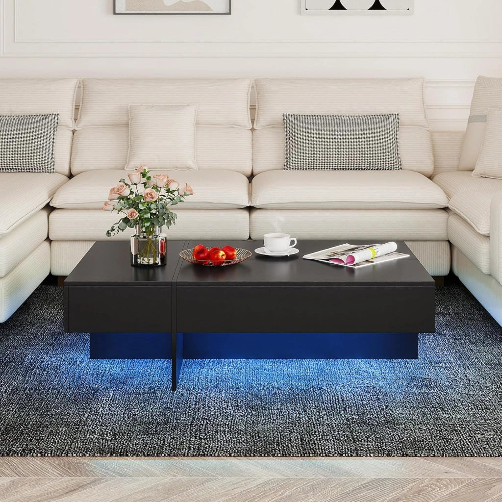 Tavolino da Salotto Moderno, Tavolino da Caffè con Luci LED Regolabili, 3 Cassetti e Telecomando, Tavolo Basso Rettangolare per Soggiorno, Studio e Ufficio, 120 x 70 x 35 cm (Nero)