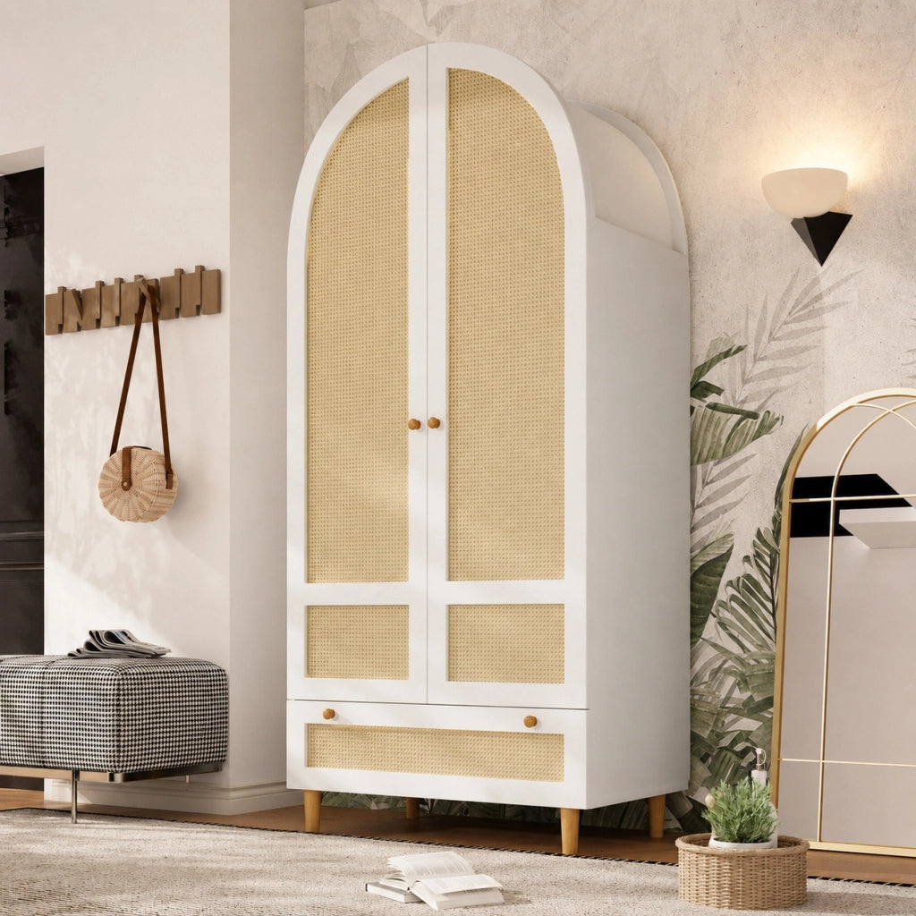 Armadio, design ad arco, stile intrecciato, con cassetti, 80x50x180 cm, bianco e color legno naturale