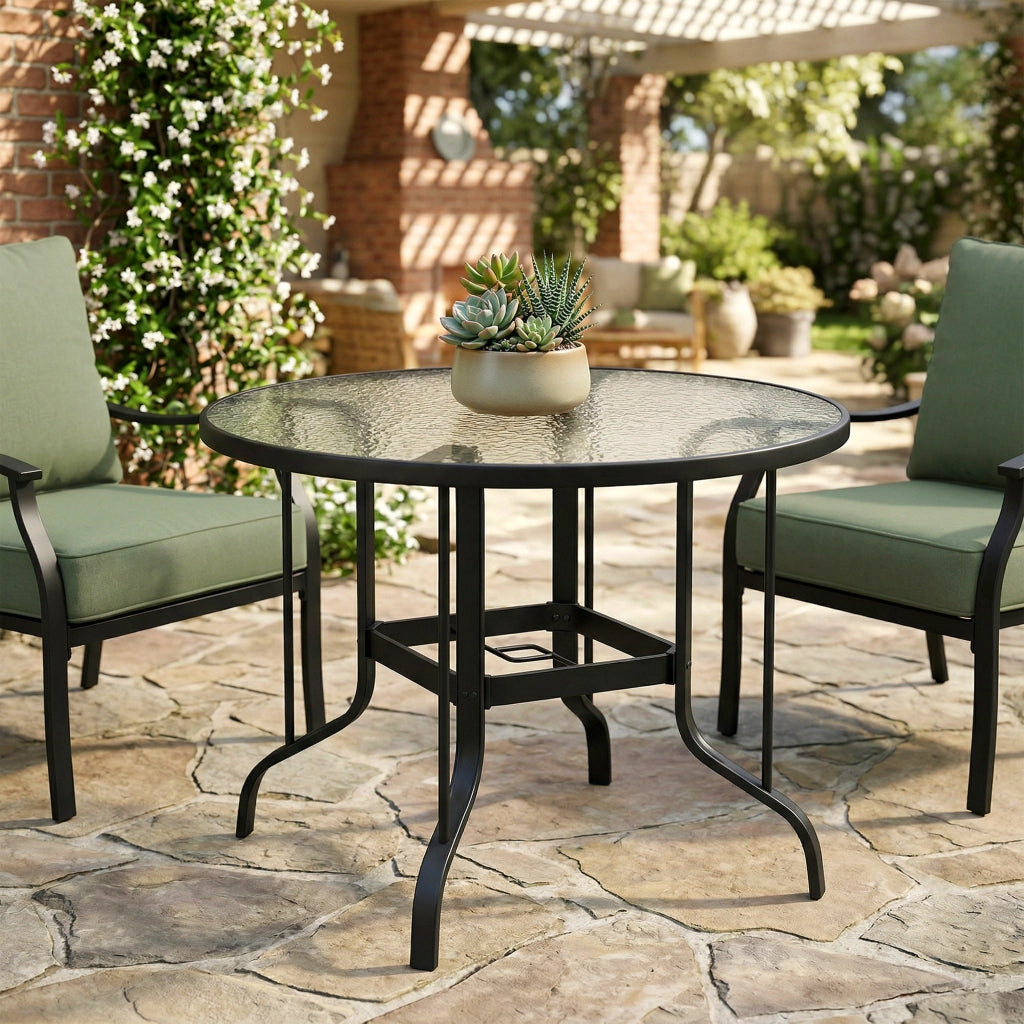 Tavolino da Giardino Rotondo con Foro per Ombrellone, in Metallo e Vetro Temperato, ?96.5x71 cm, Nero