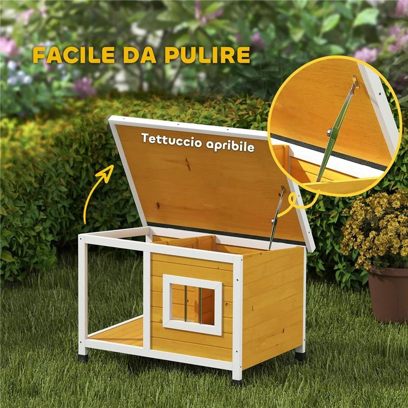 CUCCIA PER CANI DA ESTERNO IN LEGNO DI ABETE CON VERANDA COPERTA E TETTO INCLINABILE, 85.5X62X60 CM, MULTICOLORE