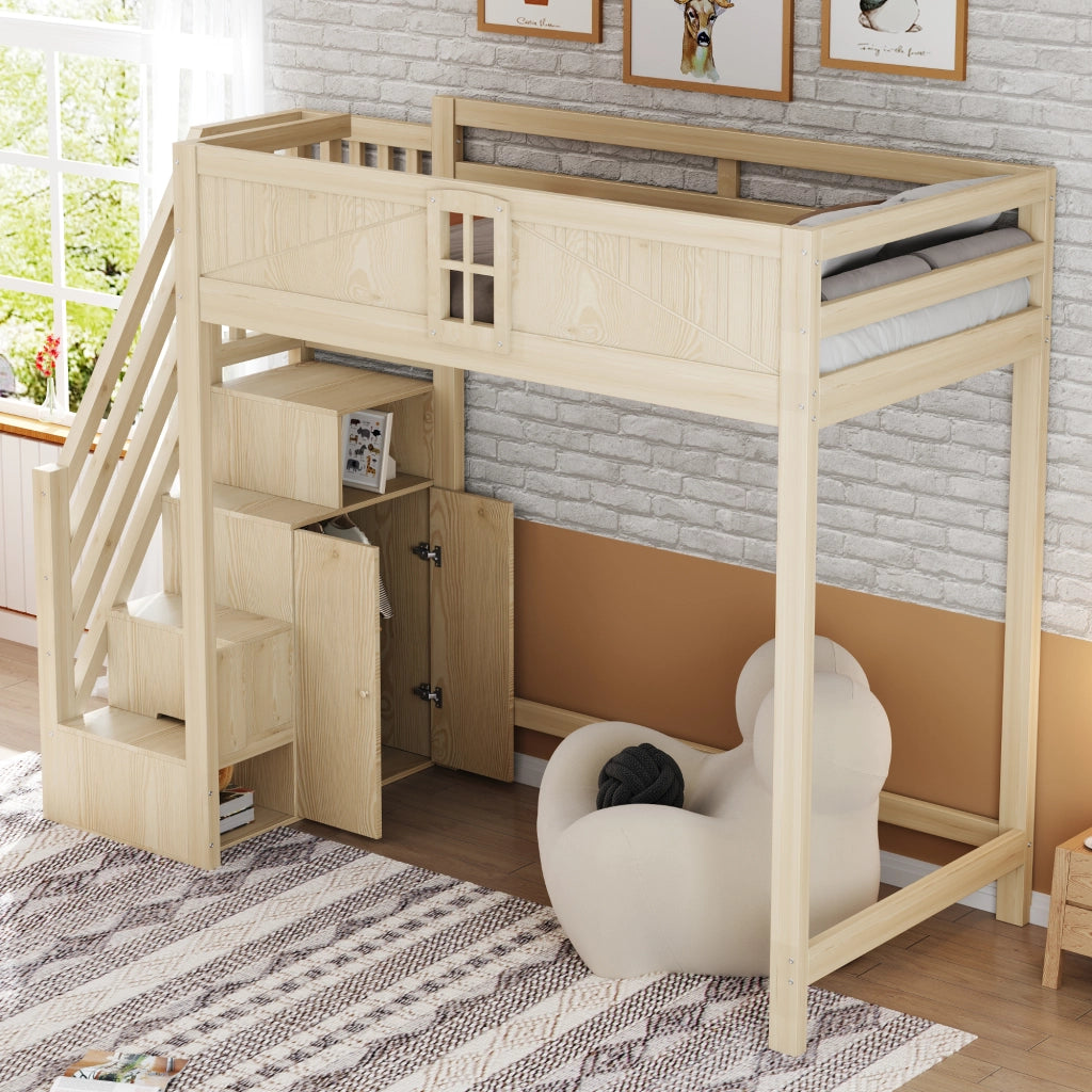 Letto a Soppalco Singolo con Contenitore Laterale; Scala Reversibile e Finestra 90 x 200 cm; senza Materasso