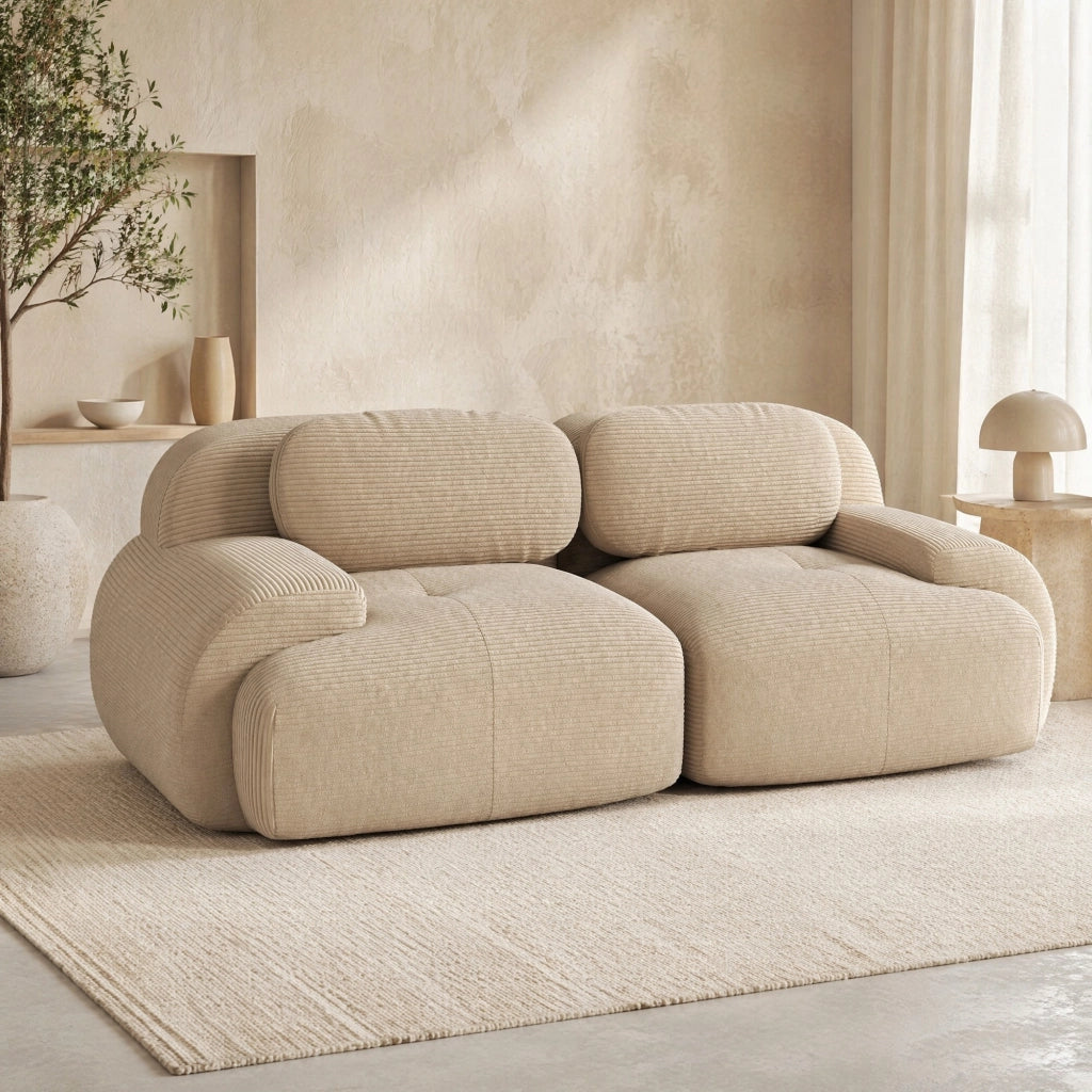 Divano angolare modulare 208x103x70 cm in tessuto effetto velluto a coste; beige