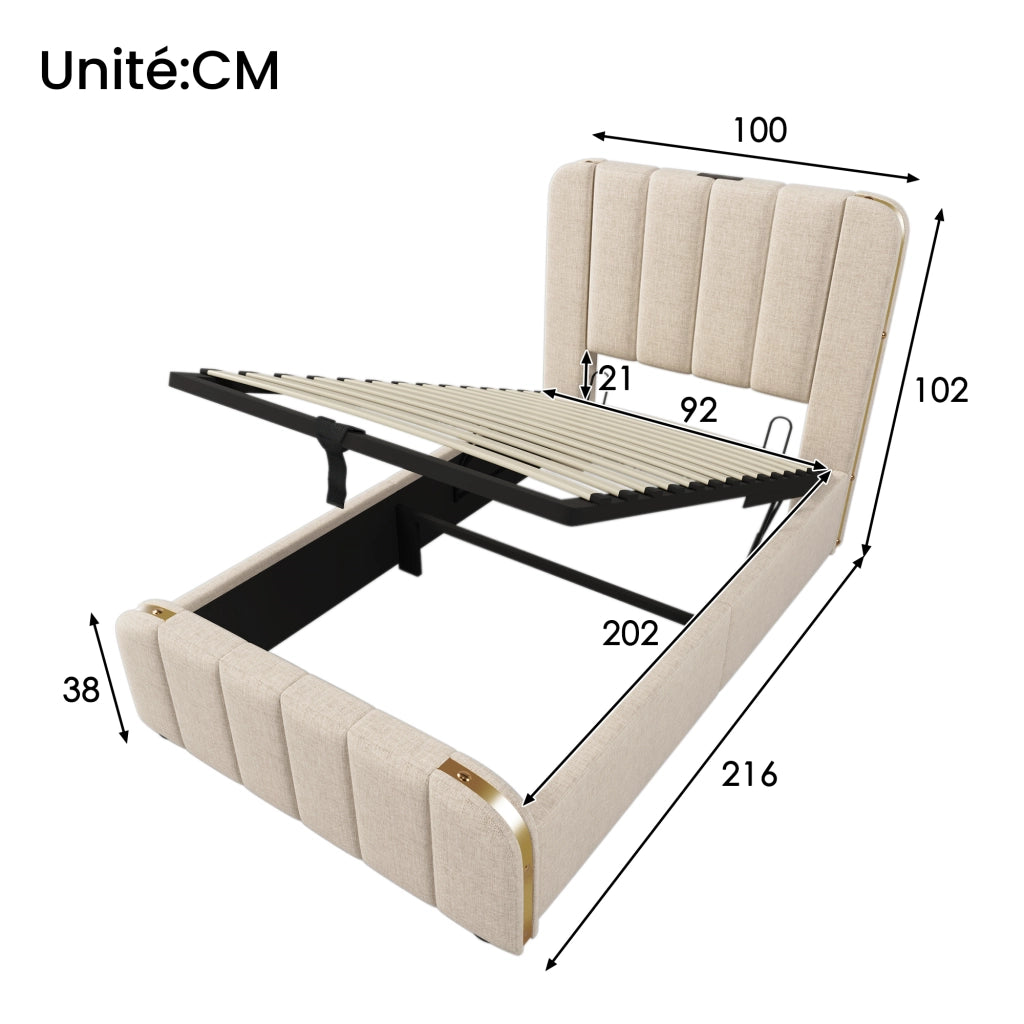 Letto Contenitore Letto Matrimoniale 160 x 200 cm con USB; Type-C e LED regolabile; senza Materasso; Lino Beige
