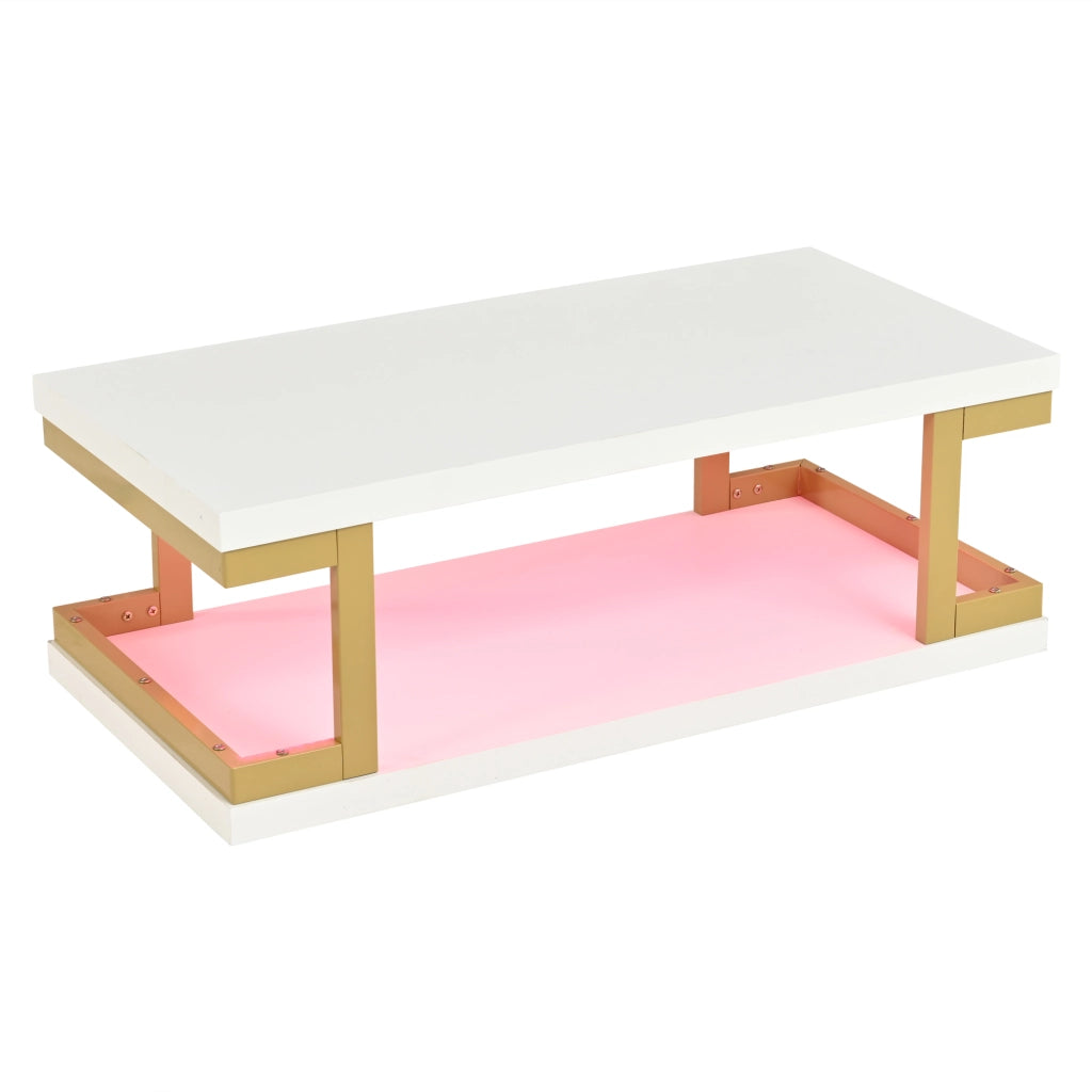 Tavolino da caff¨¨ rettangolare 100 ¡Á 50 ¡Á 37,5 cm con illuminazione LED, struttura in MDF e metallo, colore bianco e oro
