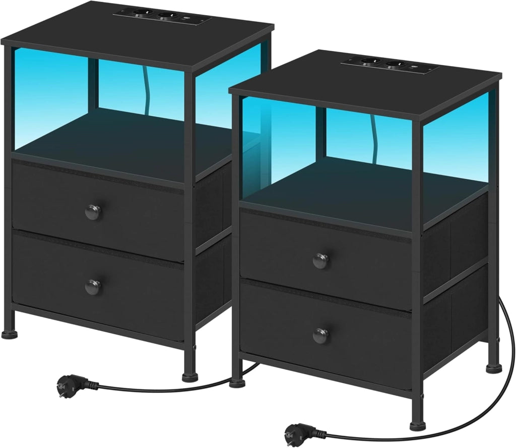 set 2 Comodini con Prese di Corrente, Tavolini con Luce LED, 2 Cassetti in Tessuto e Ripiani Aperti, Comodini Smart Nero, per Soggiorno, Camera da Letto e Ufficio, Metallo + MDF, NTS27sz-2
