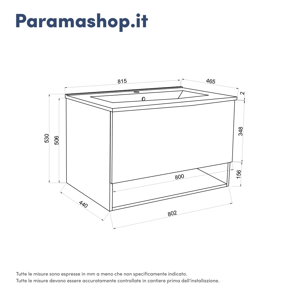 Mobile sospeso 80 cm rovere grigio con un cassetto, vano a giorno e lavabo | Sauris