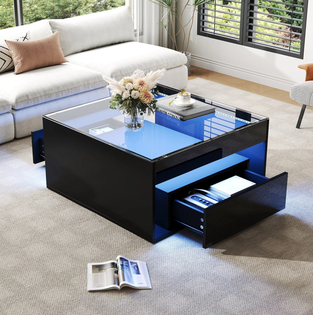 Tavolino da caffè 70 x 70 x 35 cm con 2 cassetti; piano in vetro temperato; nero