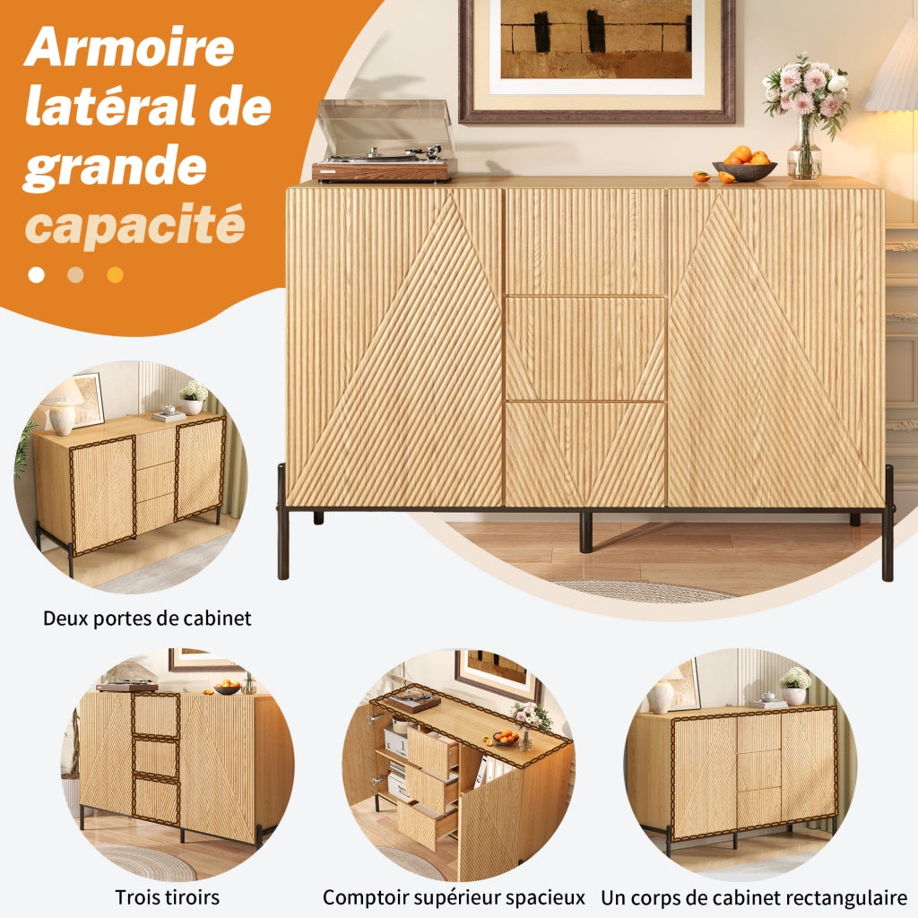 OKWISH Credenza con 2 Ante e 1 Cassetto, Frontali Geometrici, Gambe in Metallo, MDF, Naturale, 115,5 x 40 x 76 cm