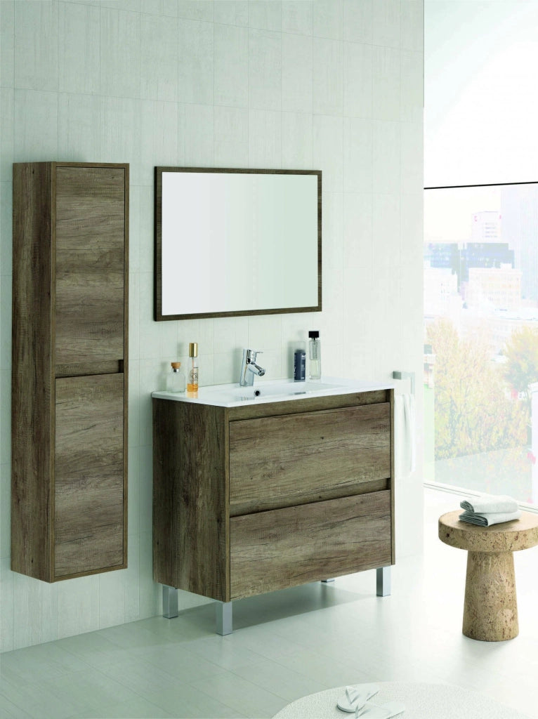 Mobile sottolavabo Alis, Mobiletto sospeso con 2 cassetti, Armadio per bagno con specchio, Lavabo escluso, cm 80x45h80, Quercia