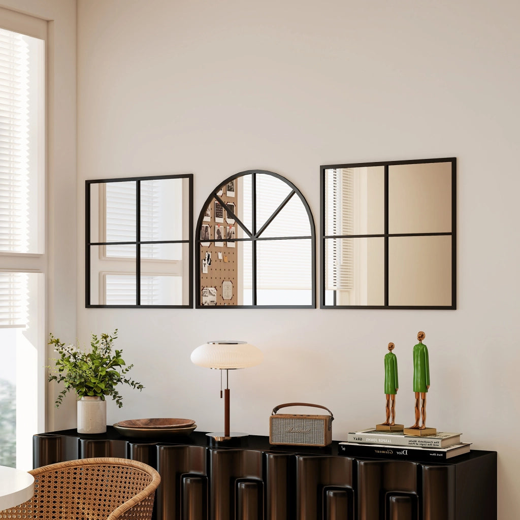 Specchio da Parete Tre Pezzi Arcuato con Cornice in Metallo ¨C Zephmum ¨C 60x2x180 cm Nero