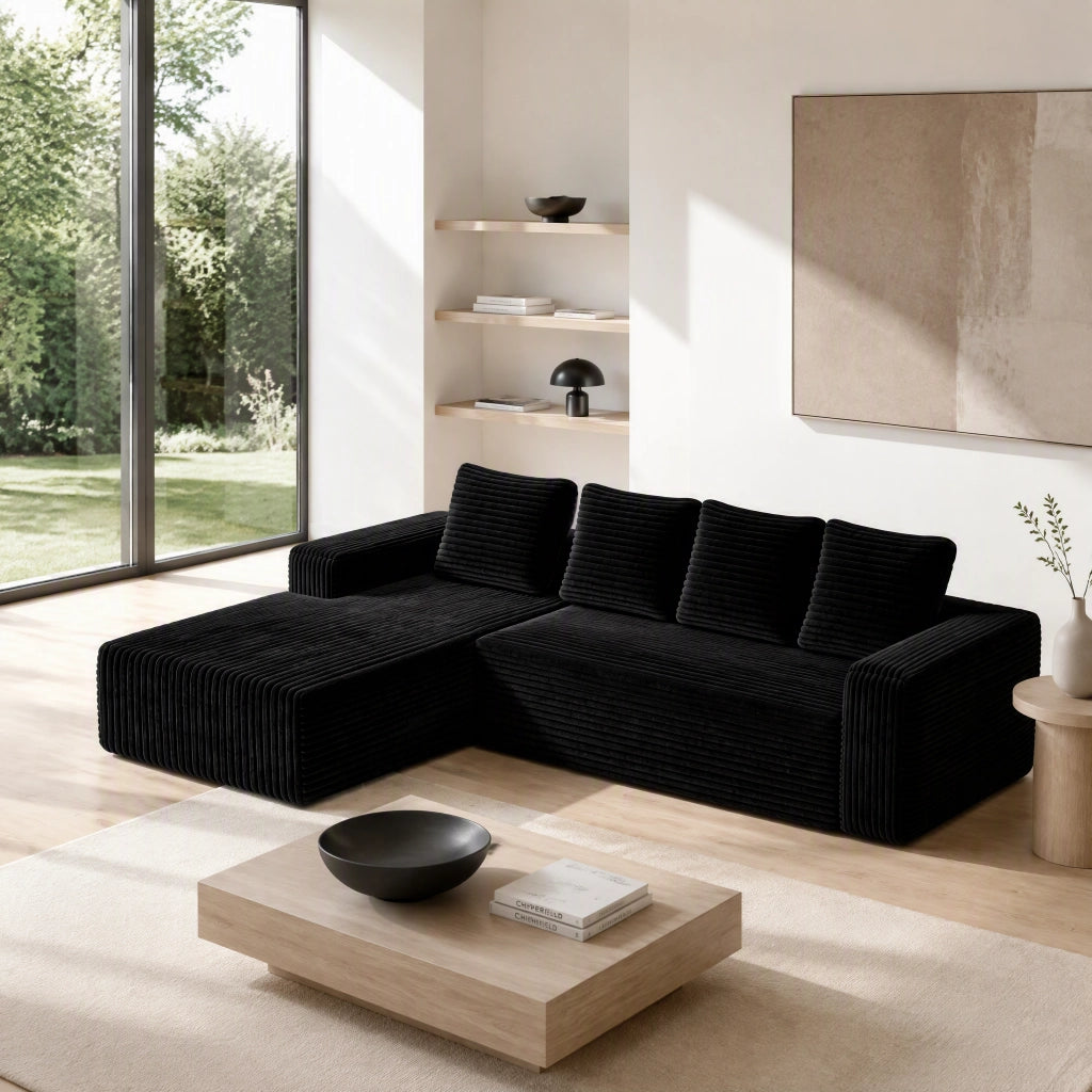 Divano modulare con chaise longue reversibile - seduta profonda in corduroy - nero