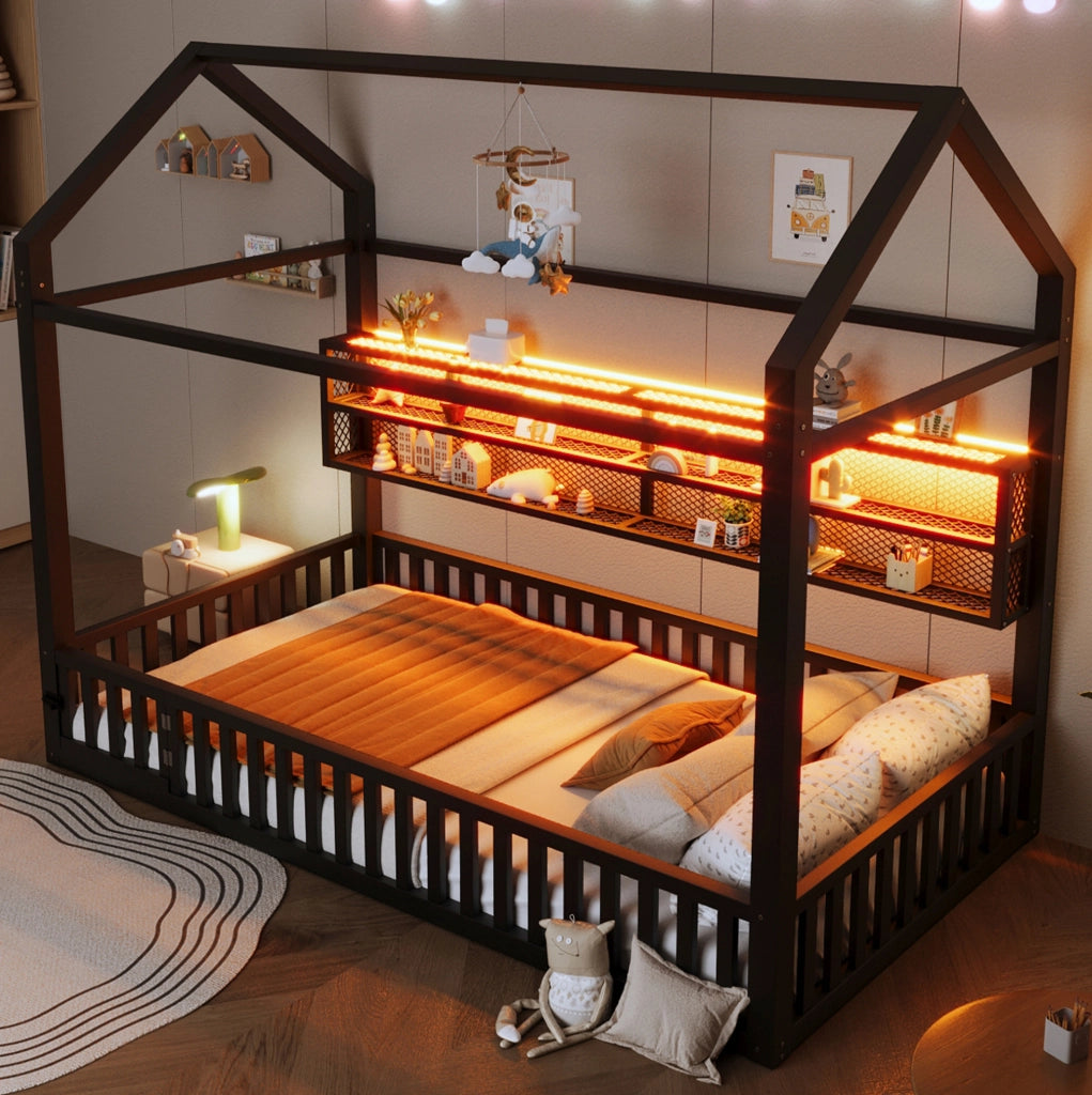 Letto singolo a casetta 90x200 cm con barriera di sicurezza e LED 7 colori in metallo nero