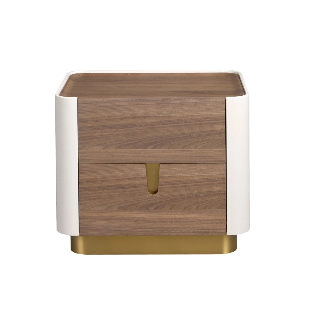 Comodino noce, beige, acciaio lucido dorato e piano in noce