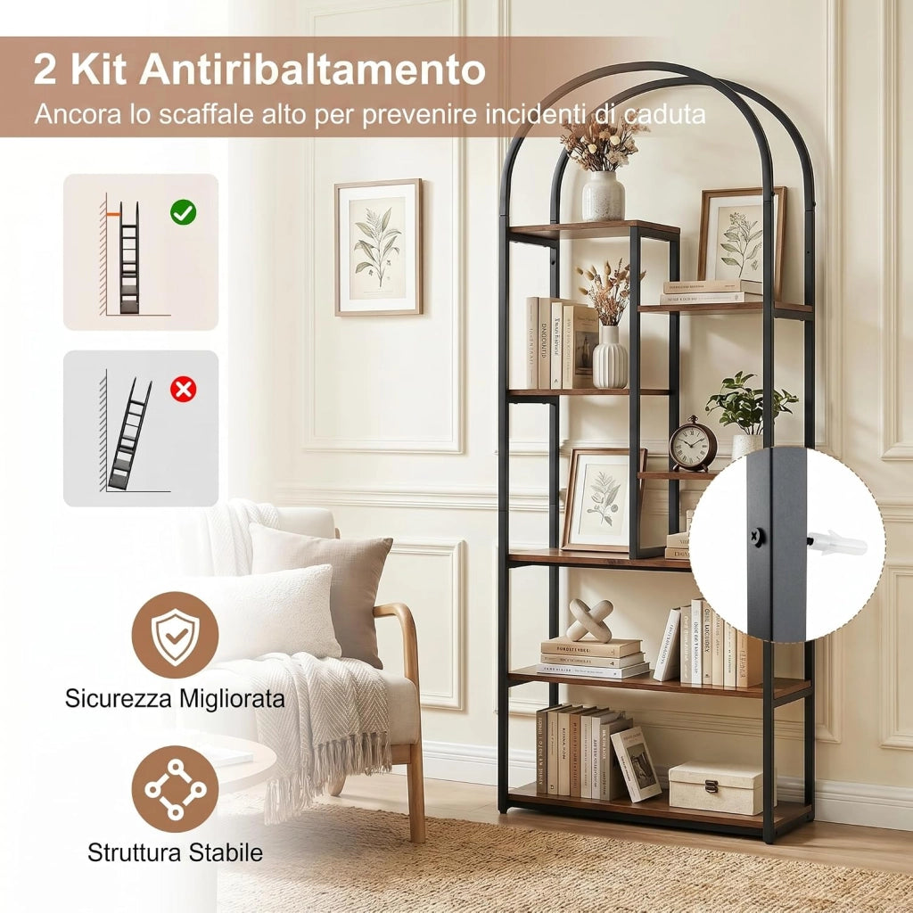 Libreria ad Arco, Libreria a 7 Ripiani Aperto con 2 kit Antiribaltamento e Piedini Regolabili, Scaffale Portaoggetti con Struttura in Legno, Espositore per Soggiorno Ufficio, 70x30x181,5 cm