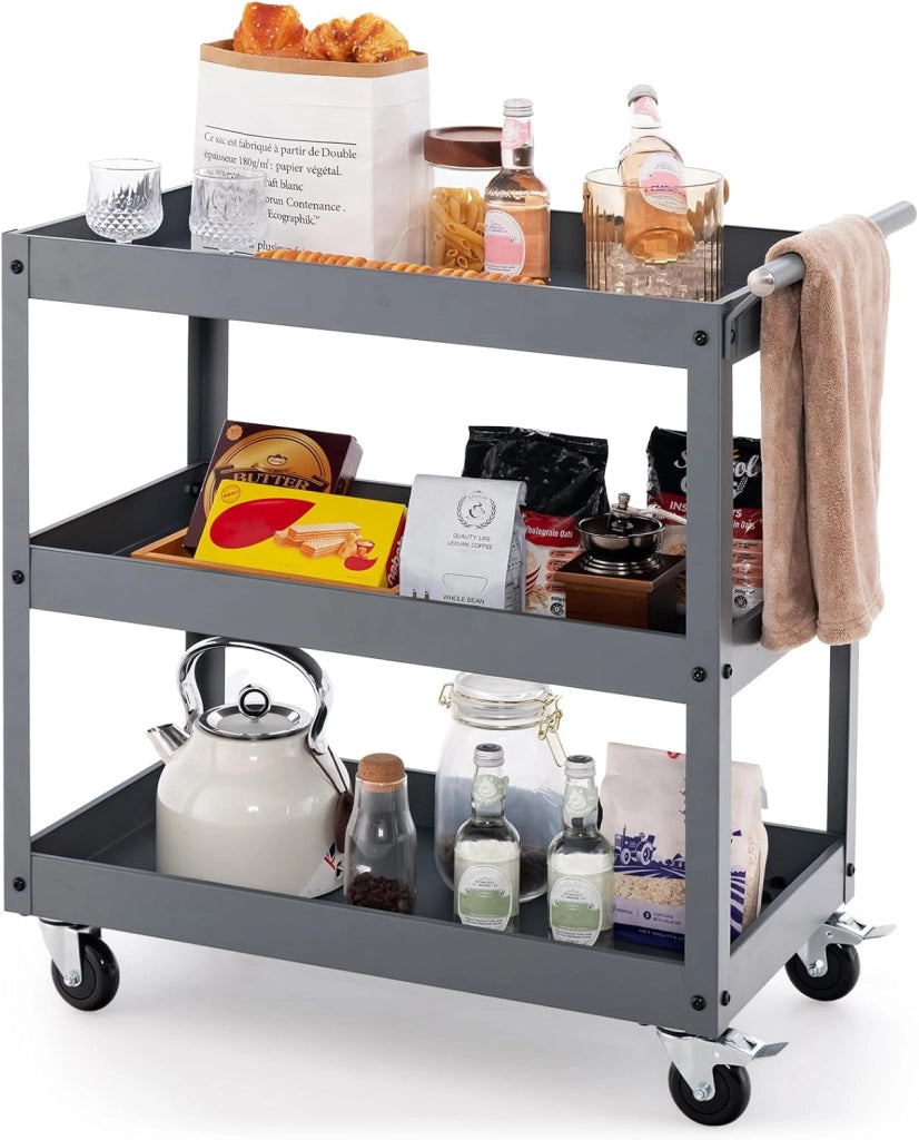 Carrello da Cucina con 3 Livelli, Carrellino Multifunzionale con Ruote Flessibili, Carrello di Servizio Resistente con Maniglia Comoda, Ideale per Ufficio Garage Magazzino Biblioteca (Grigio)
