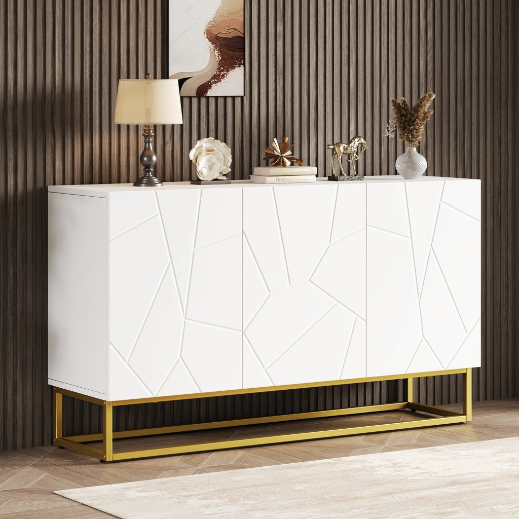 Credenza con 3 ante e ripiani regolabili, frontali lucidi, per soggiorno e ingresso, 130 × 35 × 76 cm, bianco e oro