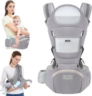 Carriolo con sedile per l'anca trasportino per bambini multifunzionale 6-in-1 regolabile ergonomico per bambini dai 3 ai 30 mesi (35-20 kg) - Grigio chiaro Linea vita 71-118cm