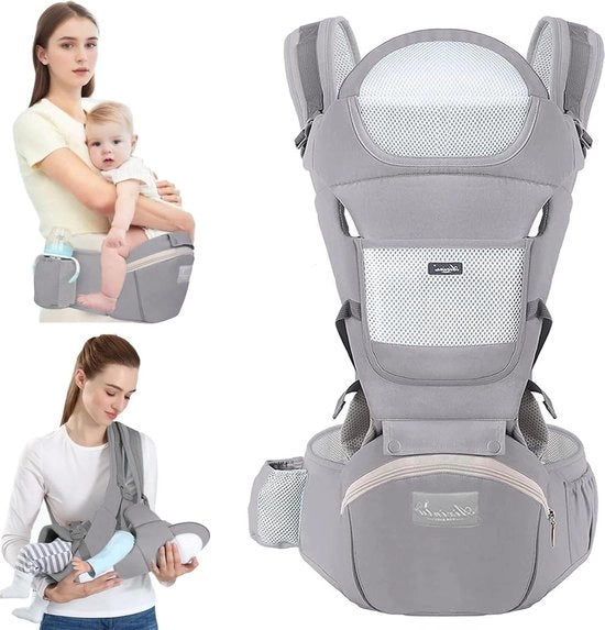 Carriolo con sedile per l'anca trasportino per bambini multifunzionale 6-in-1 regolabile ergonomico per bambini dai 3 ai 30 mesi (35-20 kg) - Grigio chiaro Linea vita 71-118cm