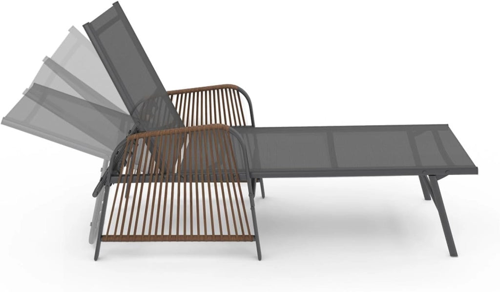 Set di 2 lettini da Giardino reclinabili Rio in Acciaio Grigio Antracite, Corda in Rattan con braccioli e Tela Grigia