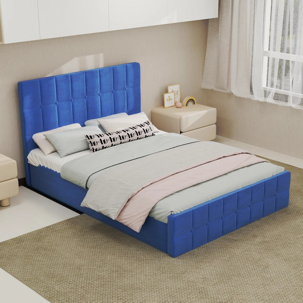 DESMIU Letto matrimoniale 140 × 200 cm 2 posti con testiera capitonnè, senza materasso, in velluto, blu